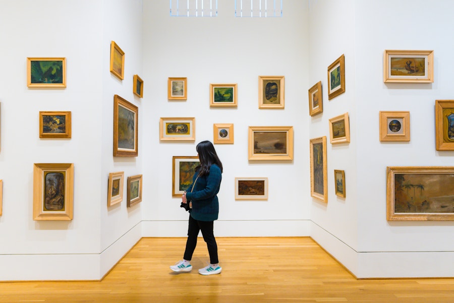 A person views framed artwork on white gallery walls at The Phillips Collection.