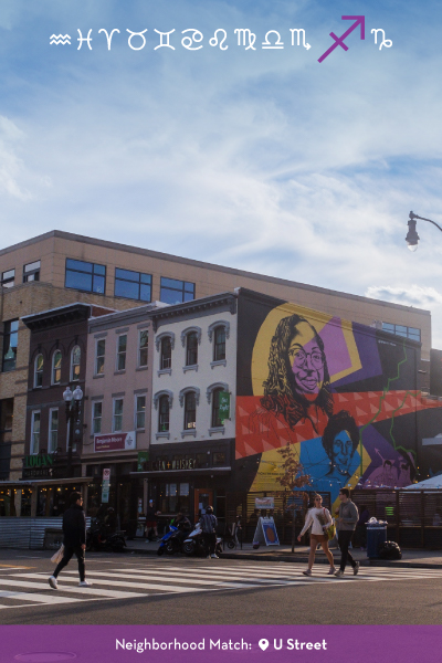 Graphic highlighting Sagittarius with a U Street mural scene and the caption “Your Neighborhood Match: U Street.”