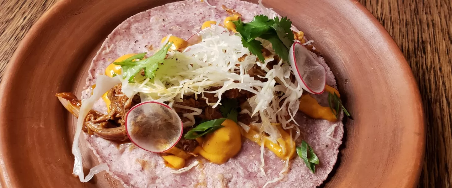 A taco served on a purple corn tortilla, topped with shredded meat, cabbage, radish slices, and fresh cilantro, with drizzles of a creamy orange sauce. The dish is presented on a rustic clay plate.