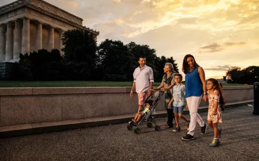 Family walking on the National Mall - How to tour the monuments and memorials in Washington, DC
