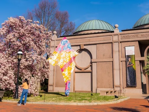 An exterior view of the Smithsonian's National Museum of African Art on a sunny spring day.