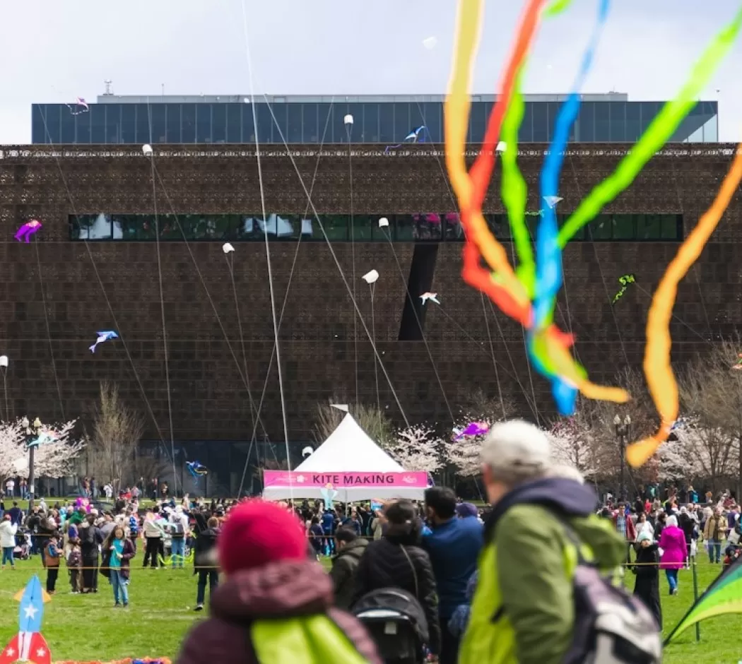 A colorful scene from the Blossom Kite Festival with kites flying in the sky in front of the National Museum of African American History and Culture.